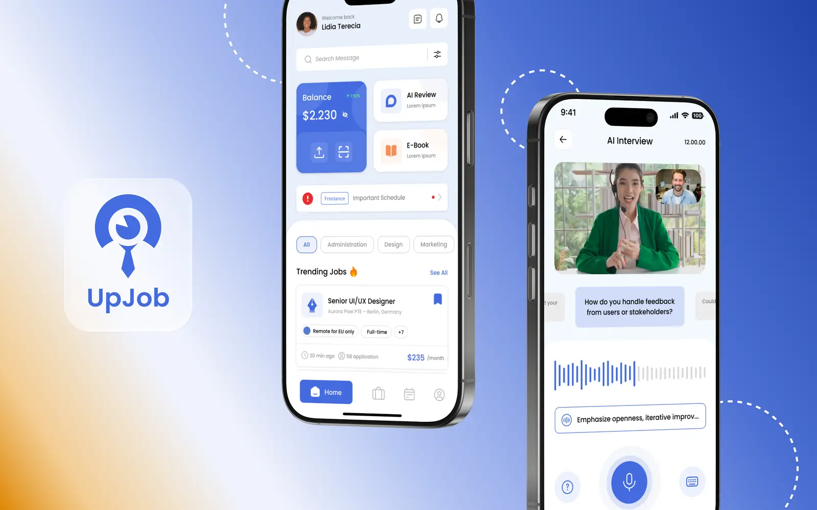 UpJob: the app icon, the home screen and the AI interview screen